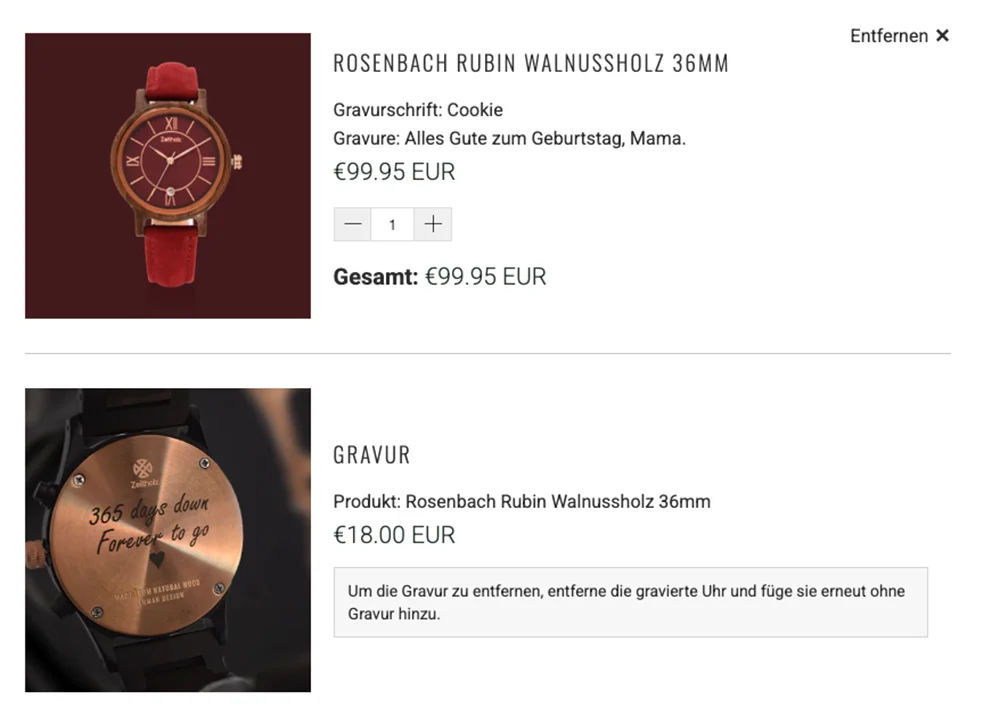 Repaired Shopify cart in German showing the engraving linked to its watch with a localised removal notice