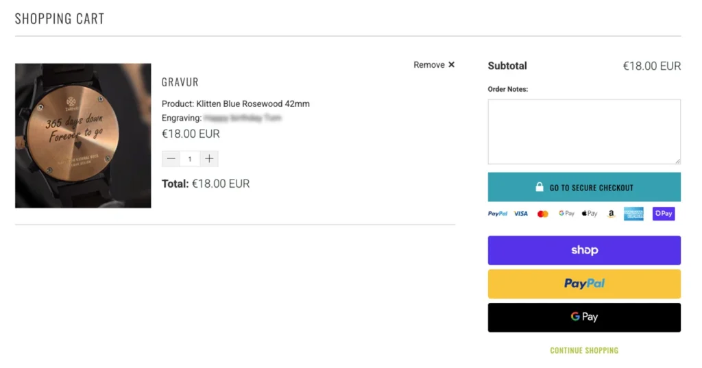 Shopify cart showing an €18 engraving line item with no watch product in the cart