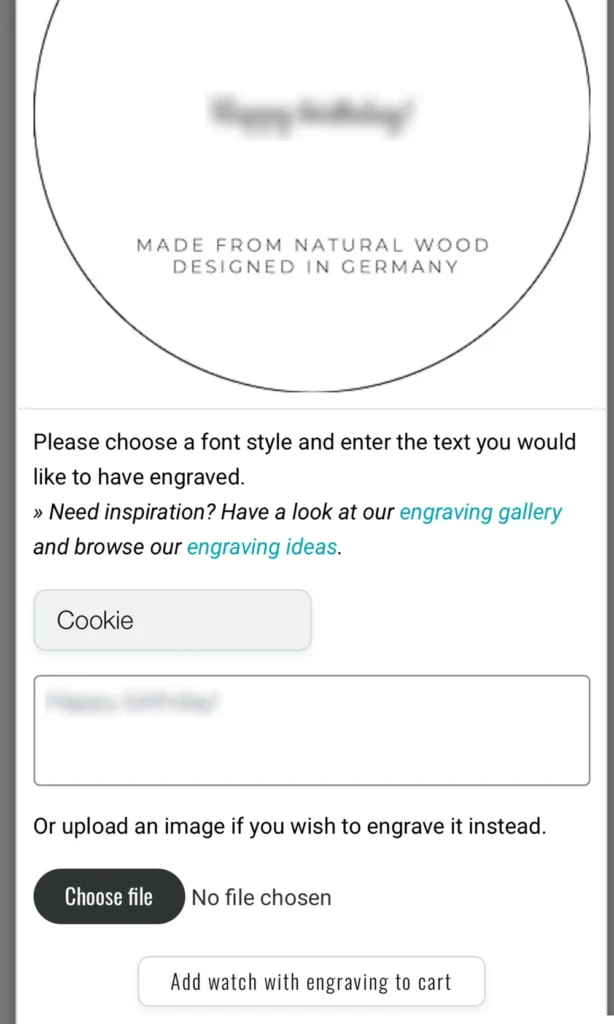 Engraving modal with an explicit "Add watch with engraving to cart" button