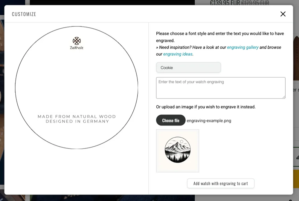 Engraving modal showing a thumbnail preview of an uploaded image file before adding the watch to cart